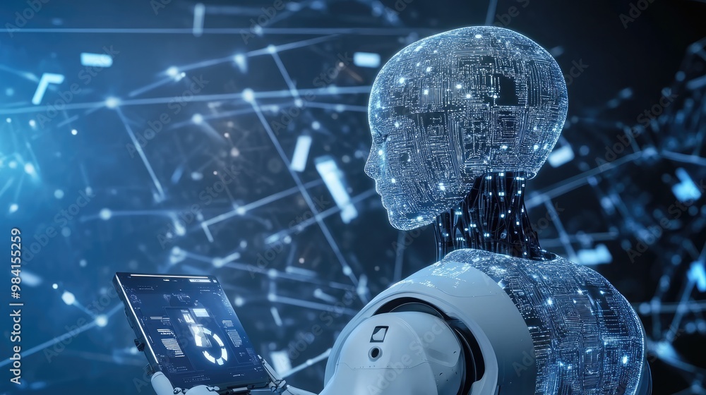 Poster ai in industry, analyzing data and predicting trends to enhance productivity and reduce waste