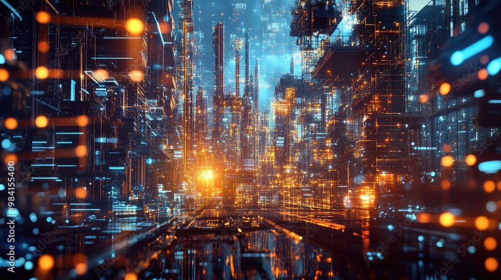 Poster ai in industry, analyzing data and predicting trends to enhance productivity and reduce waste