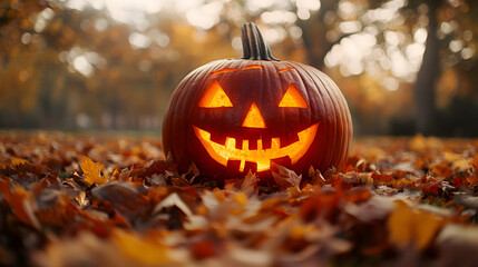 Giant Jack-o'-Lantern Surrounded by Autumn Leaves