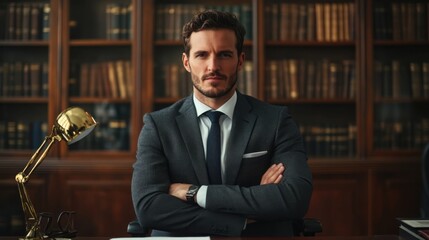  lawyer in a professional office setting, dressed in a suit, with a confident and authoritative demeanor