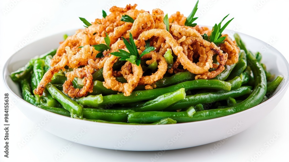 Sticker Plate of green bean casserole topped with crispy fried onions isolated on white background iconic Thanksgiving side dish image 