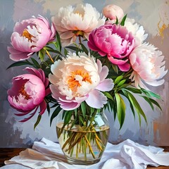 Arrangement of pink white peonies fills a glass vase, showcasing delicate petals and vibrant hues. Light background enhances their beauty. Soft colors offer serene, artistic touch. Generative AI