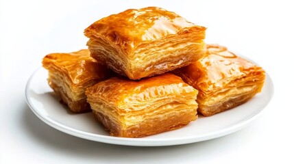 Plate of sweet baklava pieces stacked neatly isolated on a white background Traditional dessert for a sweet ending to iftar 