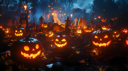 Fototapeta premium Group of Jack-o'-Lanterns in a Haunted Graveyard