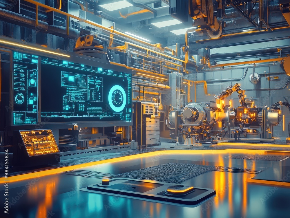 Aufkleber an industrial factory with ai-powered systems monitoring production efficiency and quality