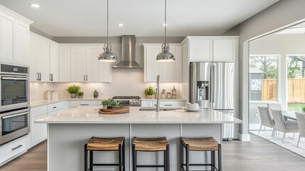 Fototapeta premium Modern Kitchen Island with Stainless Steel Appliances and White Cabinets