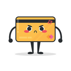 Cute cartoon credit card character is angry. Plastic card emoji character in childish style. Vector illustration