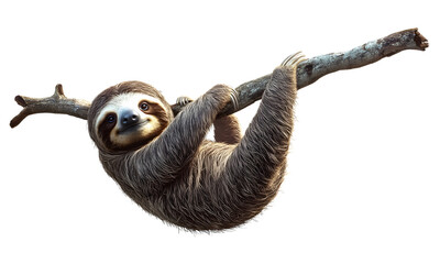 Obraz premium Sloth is swinging from a branch, cartoonist, transparent background