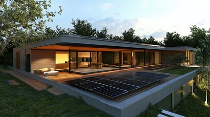 Obraz premium Modern House with Solar Panels and a Green Roof