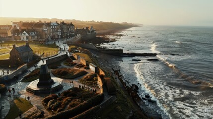 Armistice Day Ceremony at Coastal Town War Memorial by the Sea During Sunset