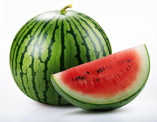 A whole watermelon and a slice of watermelon isolated on white background