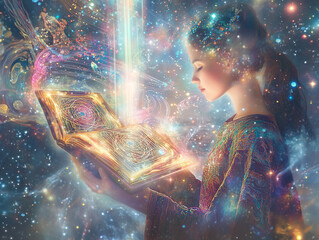 Akashic records,A priestess glowing with bright light stands beneath a pillar of radiant energy above her head, holding an ancient book made of light and energy adorned with glowing symbols.