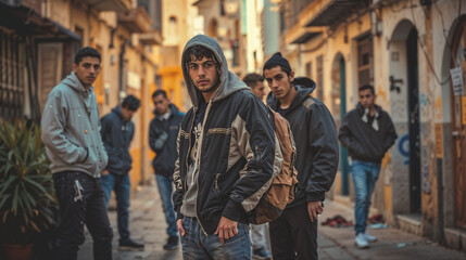 Young men gathered in narrow street. Middle Eastern or North African setting. Urban youth culture. Potential social unrest or tension. Community dynamics and challenges depicted