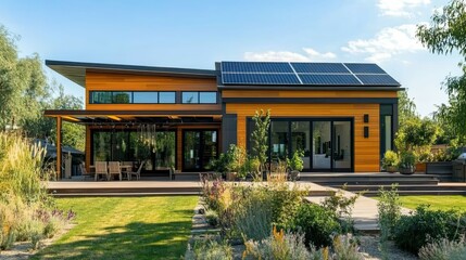 Fototapeta premium Modern Wooden House with Solar Panels and Lush Greenery