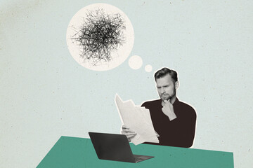 Composite artwork sketch image photo collage of silhouette young man office worker hold document n...