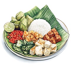 Traditional Indonesian Food with Rice, Tofu, and Chili on a Banana Leaf.