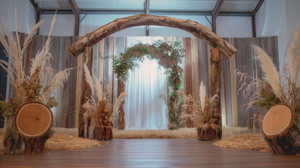 Rustic Wedding Ceremony Arch: A rustic wooden archway adorned with greenery and pampas grass stands ready for a magical wedding ceremony. The warm tones and natural textures create a romantic and inti