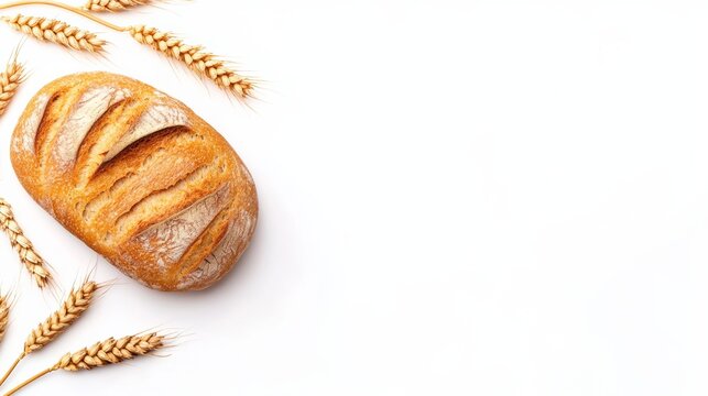 Rustic loaf of bread surrounded by wheat stalks isolated on white background symbolizing World Food Day’s focus on fighting hunger and promoting staple foods 