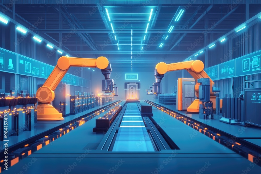 Poster futuristic industry factory with ai and robotics managing fully automated production systems