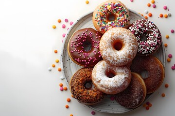 Assorted Colorful Donuts on Plate with Sprinkles and Candy Decoration Ideal for Food Photography and Dessert Menus
