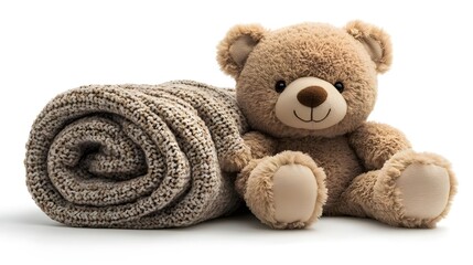 a stuffed bear next to a blanket


