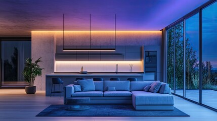 Modern Living Room with Sectional Sofa and Kitchen Counter at Dusk
