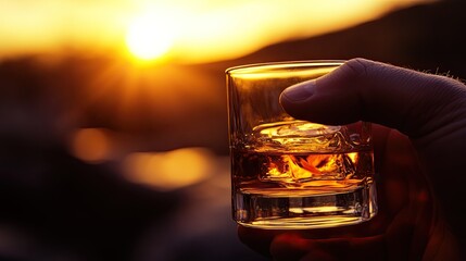 Golden bourbon in hand, with a sunset reflecting through the amber liquid