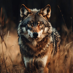 Obraz premium A wolf stands and stares at the cold forest. 