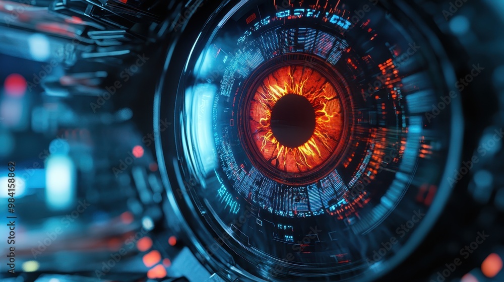 Poster a close up of a computer eye with a red iris