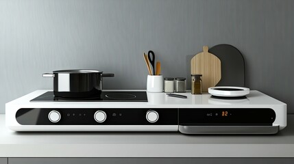 Modern Kitchen Countertop with Induction Cooktop and Accessories