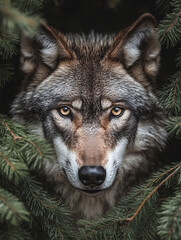 Fototapeta premium A wolf stands and stares at the cold forest. 