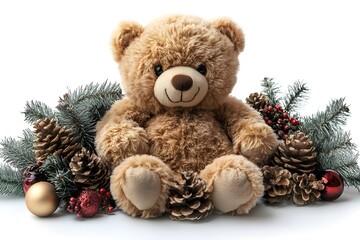a teddy bear surrounded by pine cones

