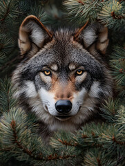 Obraz premium A wolf stands and stares at the cold forest. 