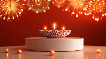 Banner design for diwali festival and podium,Diwali light decoration candle with fireworks,Stage,Product display Showcase design sparkle background,Deepavali,Dipavali,3D podium illustration.