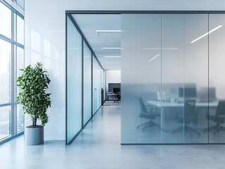 Light blue frosted glass doors dividing a minimalist office space