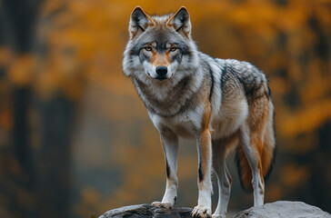 Obraz premium A wolf stands and stares at the cold forest. 