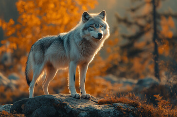 Obraz premium A wolf stands and stares at the cold forest. 
