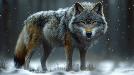A wolf stands and stares at the cold forest.
