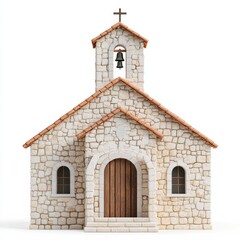 Fototapeta premium Vintage stone church with a bell tower and arched entrance in Romanesque style isolated on white background 