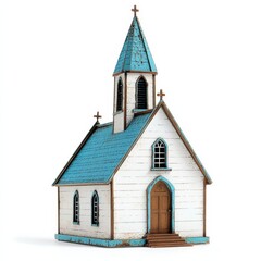 Fototapeta premium Weathered wooden church with peeling paint and a leaning steeple isolated on white background 