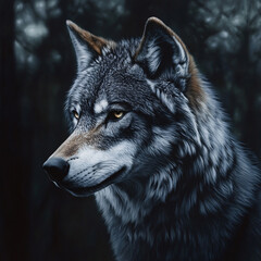 A wolf stands and stares at the cold forest.
