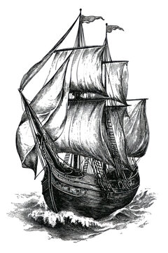 vintage engraving of a sailing ship with billowing sails, hand-drawn nautical illustration of an antique vessel, black and white retro artwork isolated on transparent background