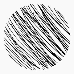 Round element with pencil hatching, doodle pattern on white background. Hand drawn circle, crosshatch, diagonal strokes, chaotic lines.