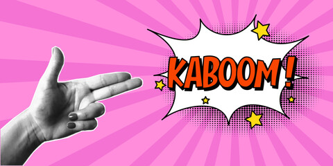 Halftone collage, women's hand gesture in the shape of a gun, speech bubble with expressive red inscriptions kaboom, explosion in a comic style. Pop art retro banner, two fingers, cut out of paper.