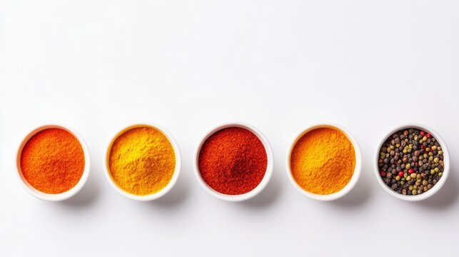 World Food Day isolated on white background featuring colorful spices like turmeric, paprika, and cumin in small bowls highlighting global flavors and culinary diversity 