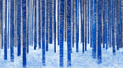 Abstract blue forest of tall, narrow, vertical lines with faded white text.