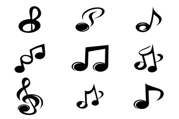 Music Note Icon Set – Minimalist Black Line Art of Musical Symbols and Treble Clefs for Audio, Song, and Music Projects.
