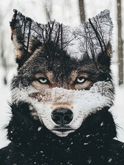A wolf stands and stares at the cold forest.
