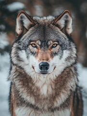 A wolf stands and stares at the cold forest.
