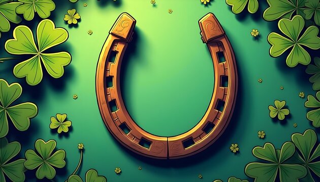 A wooden horseshoe rests amidst lush clovers, creating a lucky and enchanting atmosphere